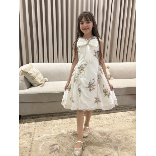 فستان بناتي سكري مشجر بفيونكة صدر ضخمة وتطريز لؤلؤ ملكي - M3888