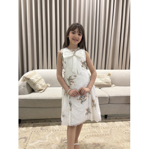 فستان بناتي سكري مشجر بفيونكة صدر ضخمة وتطريز لؤلؤ ملكي - M3888