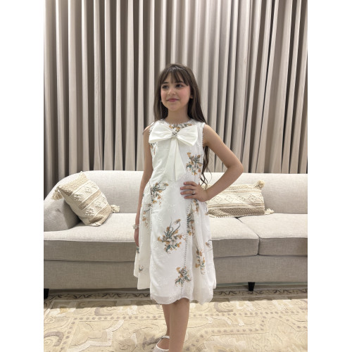 فستان بناتي سكري مشجر بفيونكة صدر ضخمة وتطريز لؤلؤ ملكي - M3888