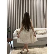 فستان بناتي سكري مطرز بفيونكة صدر وردية وتطريز لؤلؤ ملكي - M3893