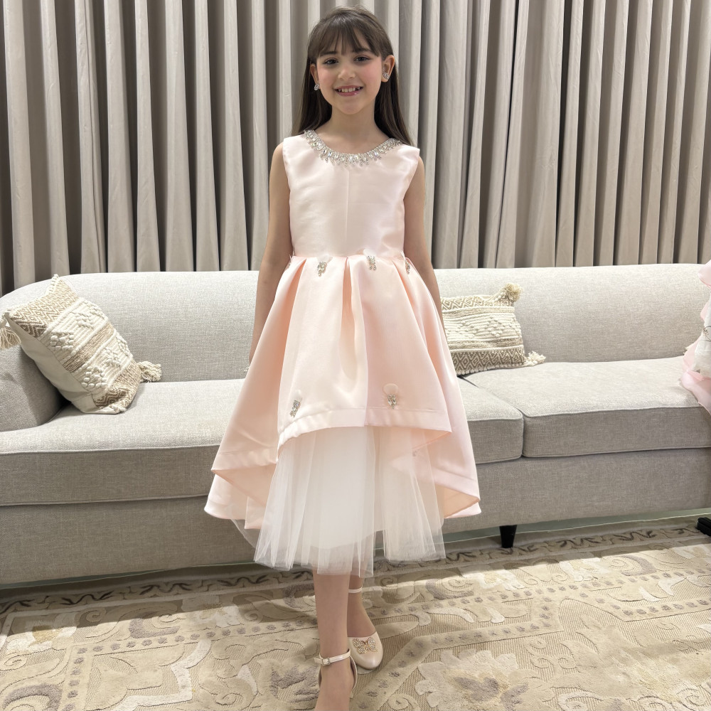 فستان بناتي سهرة مشمشي بياقة مرصعة وطبقات تل منفوشة - 1052
