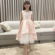 فستان بناتي سهرة مشمشي بياقة مرصعة وطبقات تل منفوشة - 1052