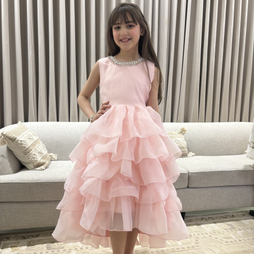 فستان بناتي سهرة وردي بطبقات تل منفوشة وظهر مرصع بالإكسسوار - 1053 فستان بناتي سهرة وردي بطبقات تل منفوشة وظهر مرصع بالإكسسوار - 1053