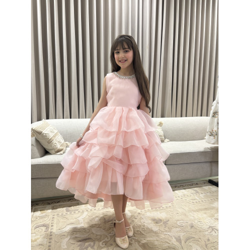 فستان بناتي سهرة وردي بطبقات تل منفوشة وظهر مرصع بالإكسسوار - 1053 فستان بناتي سهرة وردي بطبقات تل منفوشة وظهر مرصع بالإكسسوار - 1053