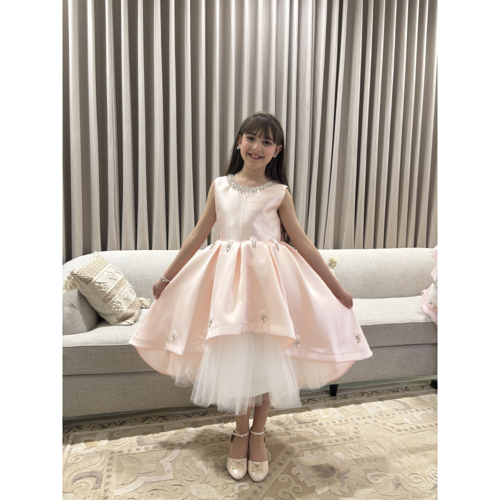 فستان بناتي سهرة مشمشي بياقة مرصعة وطبقات تل منفوشة - 1052