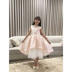 فستان بناتي سهرة مشمشي بياقة مرصعة وطبقات تل منفوشة - 1052