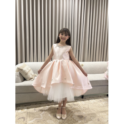 فستان بناتي سهرة مشمشي بياقة مرصعة وطبقات تل منفوشة - 1052 فستان بناتي سهرة مشمشي بياقة مرصعة وطبقات تل منفوشة - 1052