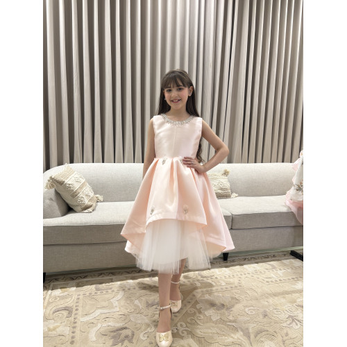 فستان بناتي سهرة مشمشي بياقة مرصعة وطبقات تل منفوشة - 1052