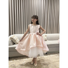 فستان بناتي سهرة مشمشي بياقة مرصعة وطبقات تل منفوشة - 1052