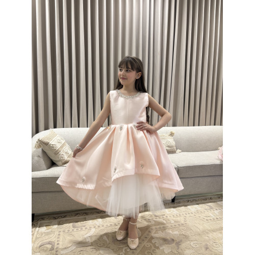 فستان بناتي سهرة مشمشي بياقة مرصعة وطبقات تل منفوشة - 1052