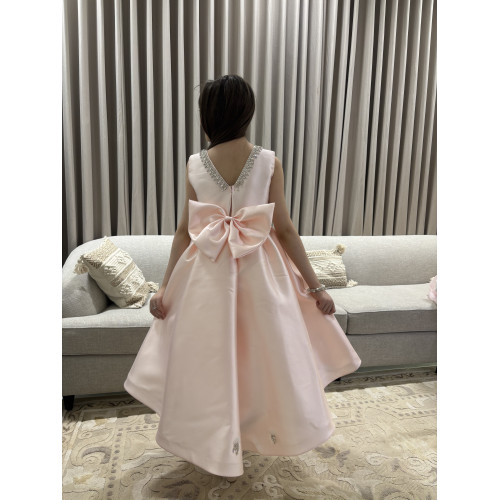 فستان بناتي سهرة مشمشي بياقة مرصعة وطبقات تل منفوشة - 1052