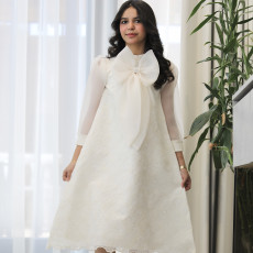 فستان بناتي دانتيل أبيض بفيونكة صدر مرصعة وأكمام شيفون شفافة - 1205