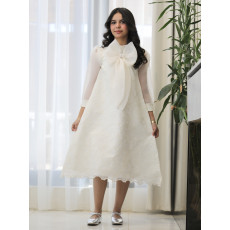 فستان بناتي دانتيل أبيض بفيونكة صدر مرصعة وأكمام شيفون شفافة - 1205