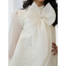 فستان بناتي دانتيل أبيض بفيونكة صدر مرصعة وأكمام شيفون شفافة - 1205