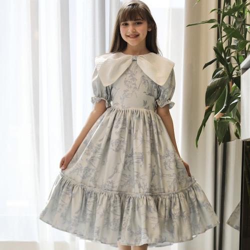 فستان بناتي مشجر بنقوش الطبيعة بياقة بتلات وكسرات خصر سفلية - 1216