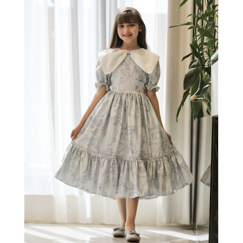 فستان بناتي مشجر بنقوش الطبيعة بياقة بتلات وكسرات خصر سفلية - 1216