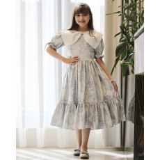 فستان بناتي مشجر بنقوش الطبيعة بياقة بتلات وكسرات خصر سفلية - 1216