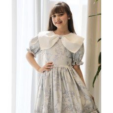 فستان بناتي مشجر بنقوش الطبيعة بياقة بتلات وكسرات خصر سفلية - 1216