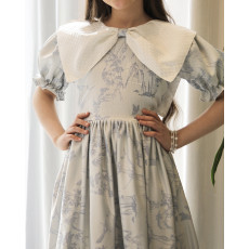 فستان بناتي مشجر بنقوش الطبيعة بياقة بتلات وكسرات خصر سفلية - 1216