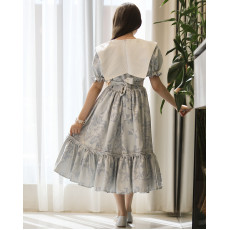 فستان بناتي مشجر بنقوش الطبيعة بياقة بتلات وكسرات خصر سفلية - 1216