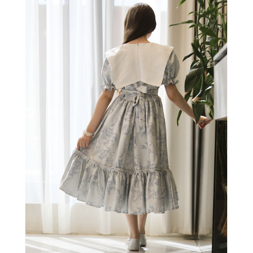 فستان بناتي مشجر بنقوش الطبيعة بياقة بتلات وكسرات خصر سفلية - 1216