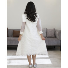 فستان بناتي دانتيل أبيض بفيونكة رقبة ضخمة وأكمام شفافة طويلة - 1207
