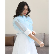 فستان بناتي أبيض دانتيل بفيونكة سماوية ضخمة وأكمام جزار - 1220