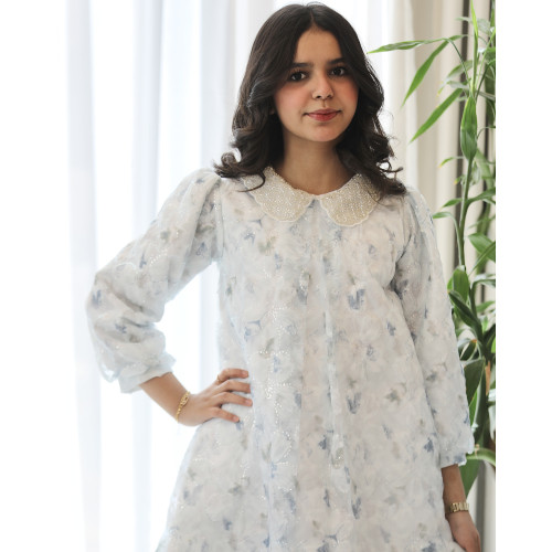 فستان بناتي مرصع بلمعة بياقة كريستال فاخرة وأكمام محيرة - 1217