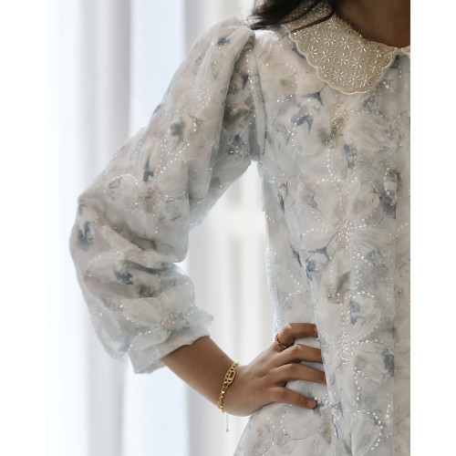 فستان بناتي مرصع بلمعة بياقة كريستال فاخرة وأكمام محيرة - 1217