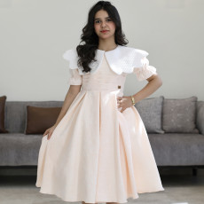 فستان بناتي مشمش مشجر بارز بياقة بيضاء عريضة - 1221