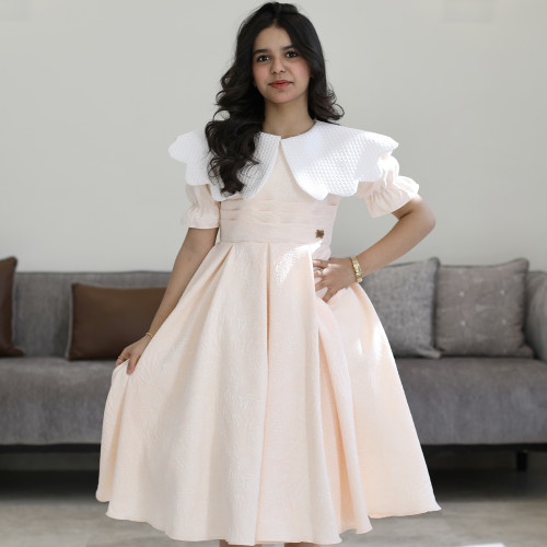 فستان بناتي مشمش مشجر بارز بياقة بيضاء عريضة - 1221