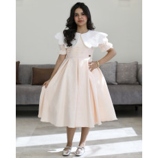 فستان بناتي مشمش مشجر بارز بياقة بيضاء عريضة - 1221