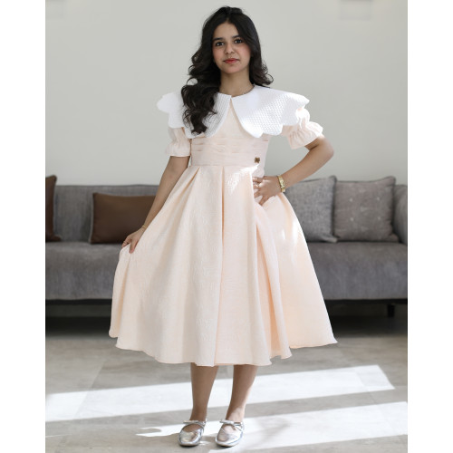 فستان بناتي مشمش مشجر بارز بياقة بيضاء عريضة - 1221