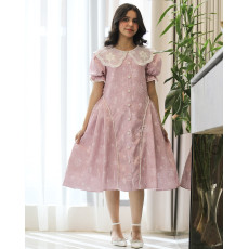 فستان بناتي روز مشجر بأوراق الشجر بياقة كلفة لؤلؤ وتحديد جانبي - 1213