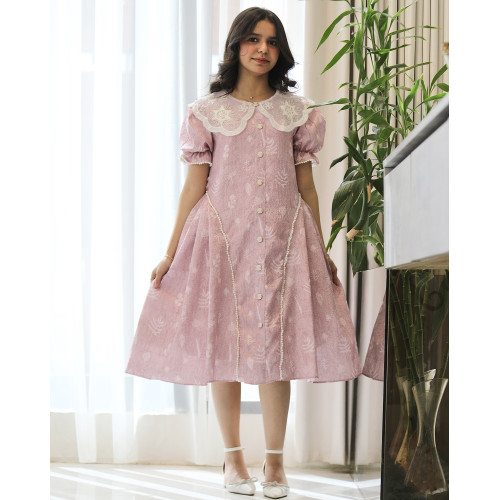 فستان بناتي روز مشجر بأوراق الشجر بياقة كلفة لؤلؤ وتحديد جانبي - 1213