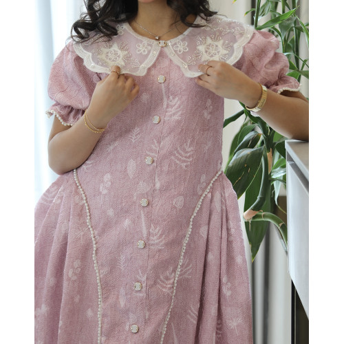 فستان بناتي روز مشجر بأوراق الشجر بياقة كلفة لؤلؤ وتحديد جانبي - 1213