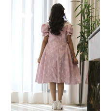 فستان بناتي روز مشجر بأوراق الشجر بياقة كلفة لؤلؤ وتحديد جانبي - 1213