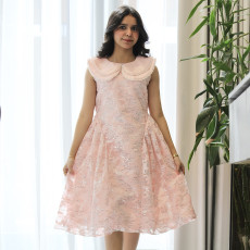 فستان بناتي وردي مخطط لمعة بياقة لولو مزدوجة وتصميم بلا أكمام - 1209