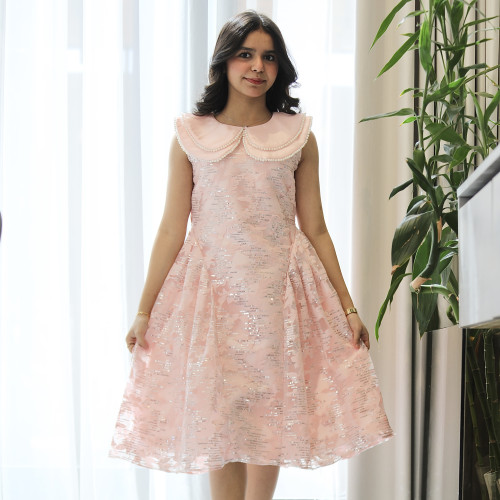 فستان بناتي وردي مخطط لمعة بياقة لولو مزدوجة وتصميم بلا أكمام - 1209