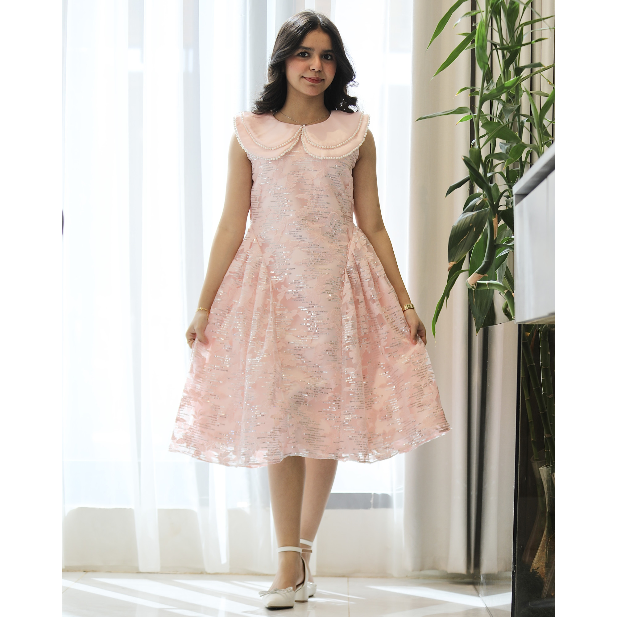 فستان بناتي وردي مخطط لمعة بياقة لولو مزدوجة وتصميم بلا أكمام - 1209