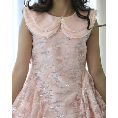 فستان بناتي وردي مخطط لمعة بياقة لولو مزدوجة وتصميم بلا أكمام - 1209