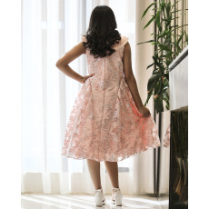 فستان بناتي وردي مخطط لمعة بياقة لولو مزدوجة وتصميم بلا أكمام - 1209