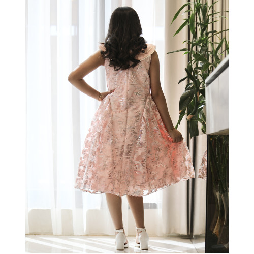 فستان بناتي وردي مخطط لمعة بياقة لولو مزدوجة وتصميم بلا أكمام - 1209