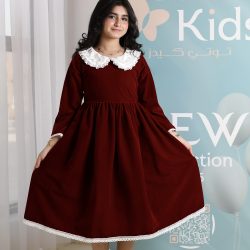 فستان بناتي مخمل بياقة ودانتيل | فستان شتوي كلاسيكي - 1110 فستان بناتي مخمل بياقة ودانتيل | فستان شتوي كلاسيكي - 1110