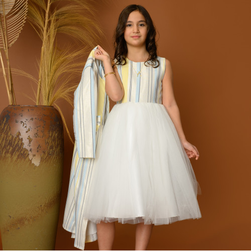 فستان بناتي سهرة مخطط مع جاكيت - 825 فستان بناتي سهرة مخطط مع جاكيت - 825