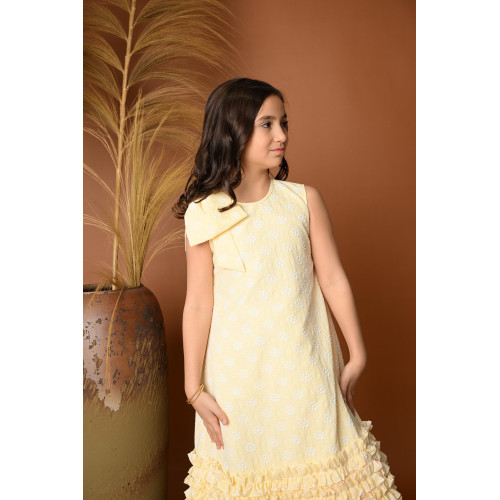 فستان بناتي أصفر بكشكش وفيونكة - 731 فستان بناتي أصفر بكشكش وفيونكة - 731