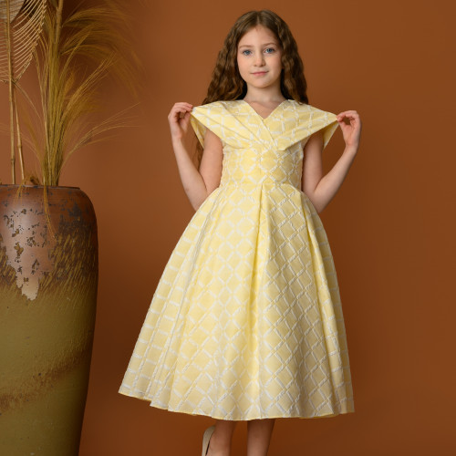 فستان أصفر بناتي أنيق بتصميم كلاسيكي - 734 فستان أصفر بناتي أنيق بتصميم كلاسيكي - 734