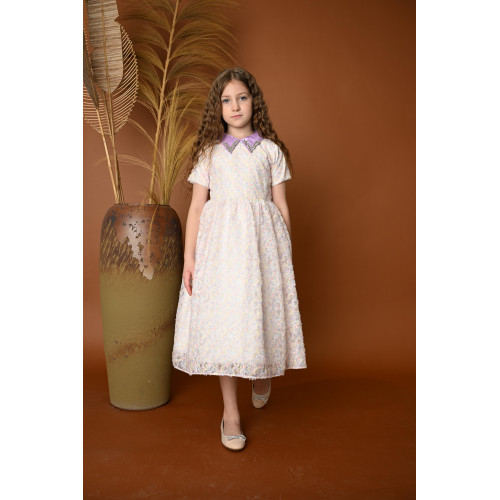 فستان بناتي فاخر بنقوش أنيقة وياقة مزينة - 777 فستان بناتي فاخر بنقوش أنيقة وياقة مزينة - 777