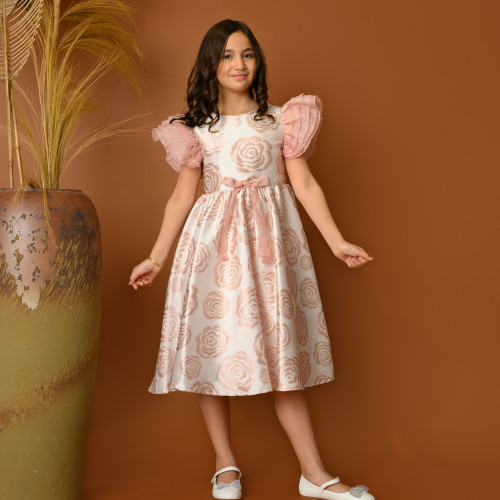 فستان بناتي مزين بنقشات الورود وأكمام منفوخة مع فيونكة - Kj2054 فستان بناتي مزين بنقشات الورود وأكمام منفوخة مع فيونكة - Kj2054