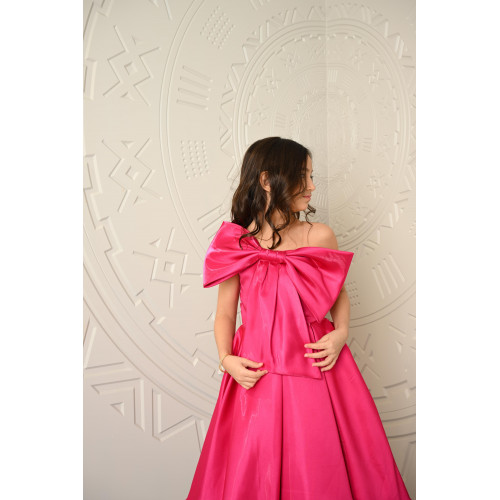 فستان بناتي سهرة فوشيا بتصميم فيونكة كبيرة - 638 فستان بناتي سهرة فوشيا بتصميم فيونكة كبيرة - 638